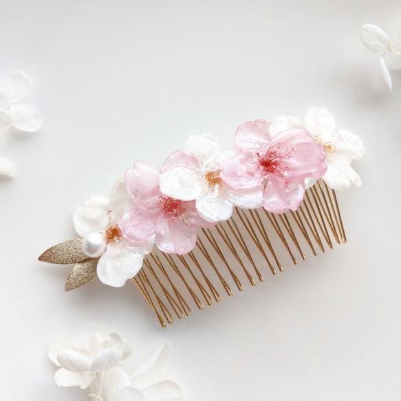 Everpink Sakura. 本物のお花　ソメイヨシノと早咲き桜の髪飾り　簪ヘアコーム　コットンパール/リーフ　 7枚目の画像