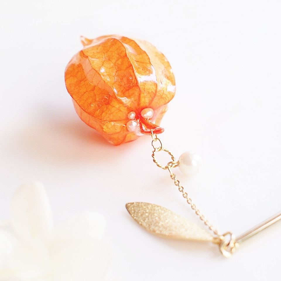 【受注制作】Ground Cherry Lanthanum. 本物のお花　ほおずきとパールのかんざし　鬼灯/リーフ/簪