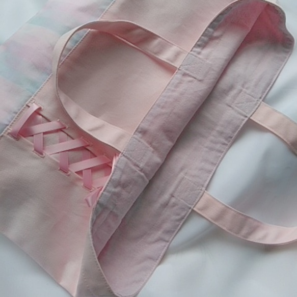 *女の子*編み上げリボンのパステルチェック　レッスンバッグ　絵本袋　習い事バッグ～ピンク～　 7枚目の画像