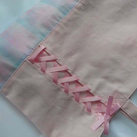 *女の子*編み上げリボンのパステルチェック　レッスンバッグ　絵本袋　習い事バッグ～ピンク～　 6枚目の画像