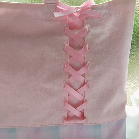 *女の子*編み上げリボンのパステルチェック　レッスンバッグ　絵本袋　習い事バッグ～ピンク～　 5枚目の画像