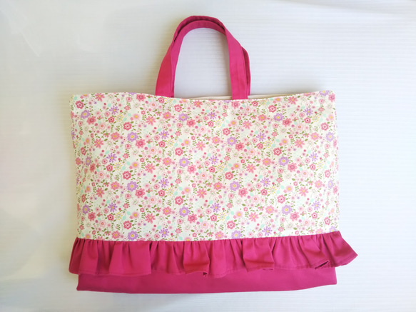 27 ハンドメイドチェリーフリルレッスンバッグ ピンク水色フリルバッグ