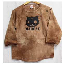 手染め+プリント一点もの七分袖Tシャツ「セピア」MADCAT黒猫S（1-102） 3枚目の画像