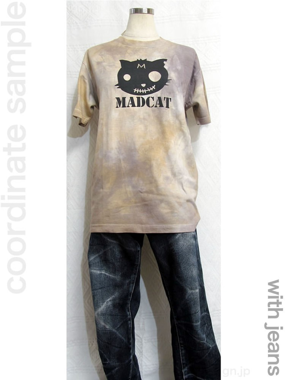 手染め+プリント一点ものTシャツ「朝霧」MADCAT黒猫S（1-012） 5枚目の画像