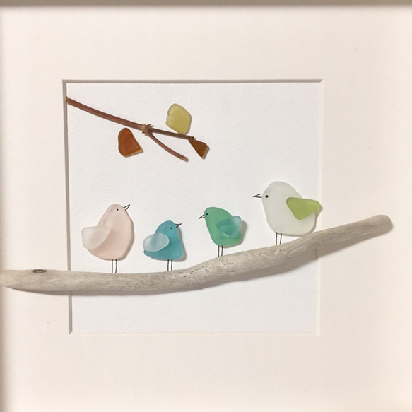 シーグラスアート 鳥 すずめ （シーグラスアート レモンの木と鳥