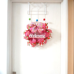 アメリカンデコメッシュ☆玄関リース☆ピンクの大きなリボン付き 4枚目の画像
