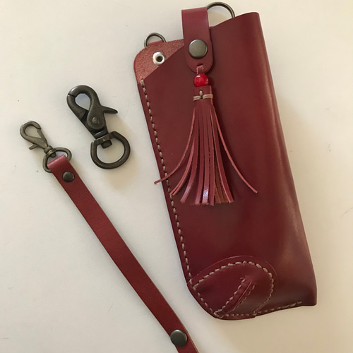 ハンドメイド☆本牛革メガネケース（バイク柄） 本革メガネケース＊ボルドー＊バイク メガネケース Boat tail leather