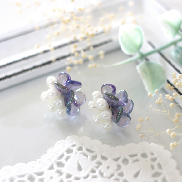 Pearl combi earrings (violet) 4枚目の画像