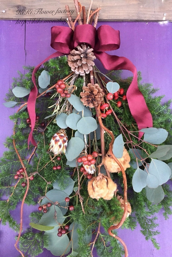 みーやん様専用ページ：生花のクリスマススワッグ(ブラウンコットン) 5枚目の画像