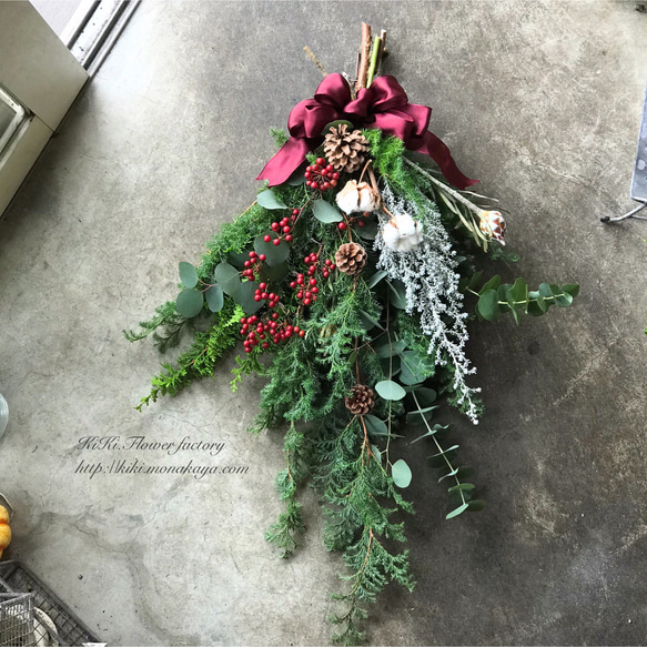 今期最終再販！予約販売☆生花のホワイトコットンのクリスマススワッグ 2枚目の画像