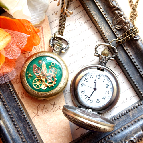 蓄光 緑の使者懐中時計 スチームパンク ネックレス・ペンダント カエル
