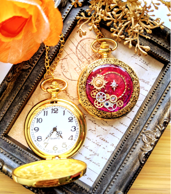機会仕掛けの燃ゆる星 スチームパンク懐中時計 【畜光入り】大きめ