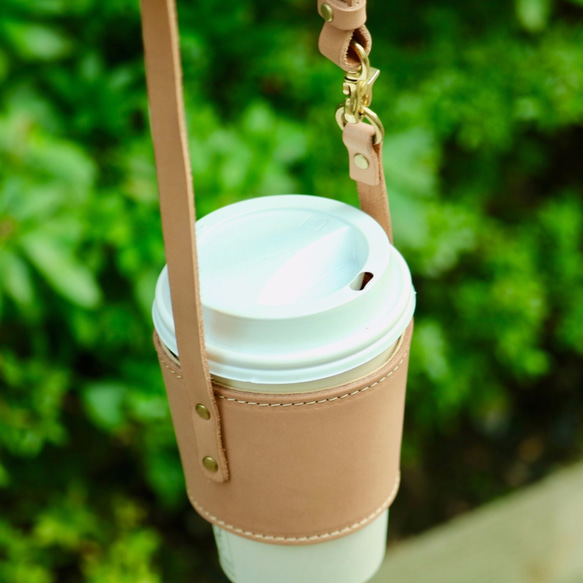 多種尺寸適用！附手把皮革杯套【自然色】 第3張的照片