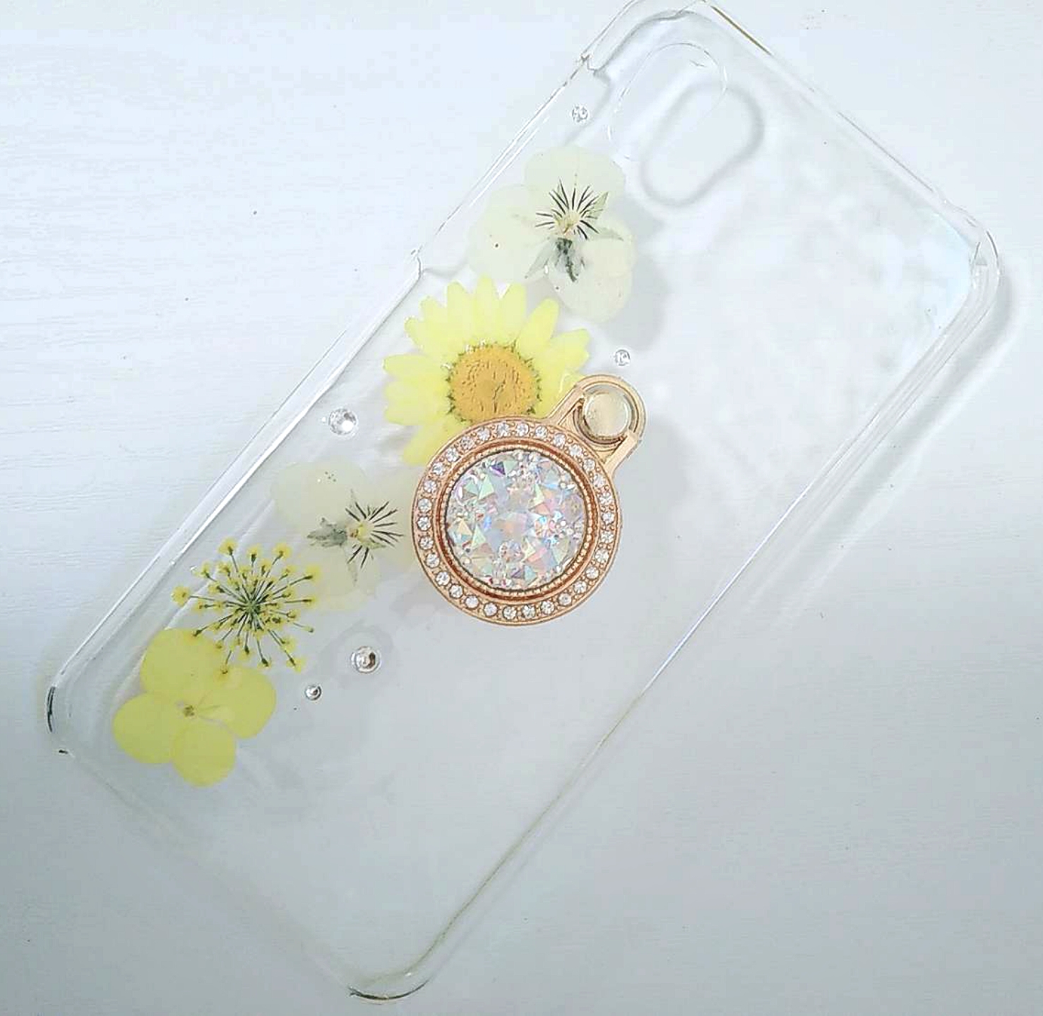 押し花スマホケーススマホリング付き イエロー（全機種対応 