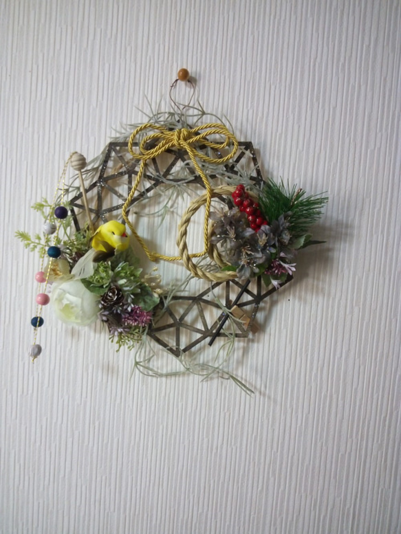 木枠の飾り　小鳥さん　お正月しめ縄ピックつき＾＾ 2枚目の画像