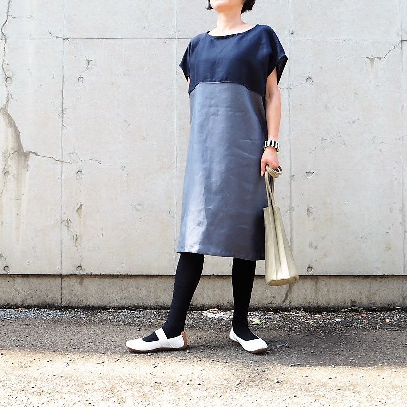リネンバイカラー ネイビー×グレーゆったりフレンチスリーブ