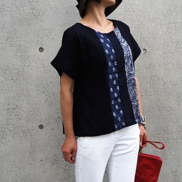 ハンドメイド 藍染パッチワーク 美しいロングワンピース 半袖（藍染  