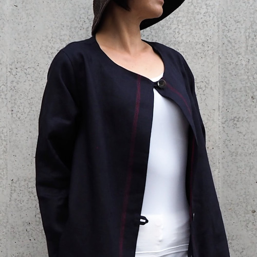 45r ✴︎刺繍リネンロングコート 赤ステッチ 日よけネイビー シンプルロングコート コート Ruka