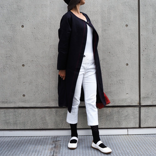 赤ステッチ 日よけネイビー シンプルロングコート コート Ruka