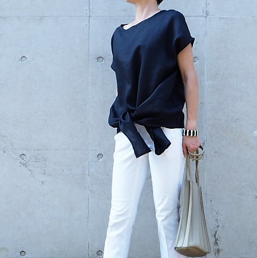 ＜受注生産＞リネン２Way　ブラック前縛り　ブラウス