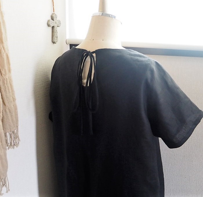 リネン　ブラック後ろリボン結び　フォーマルワンピース