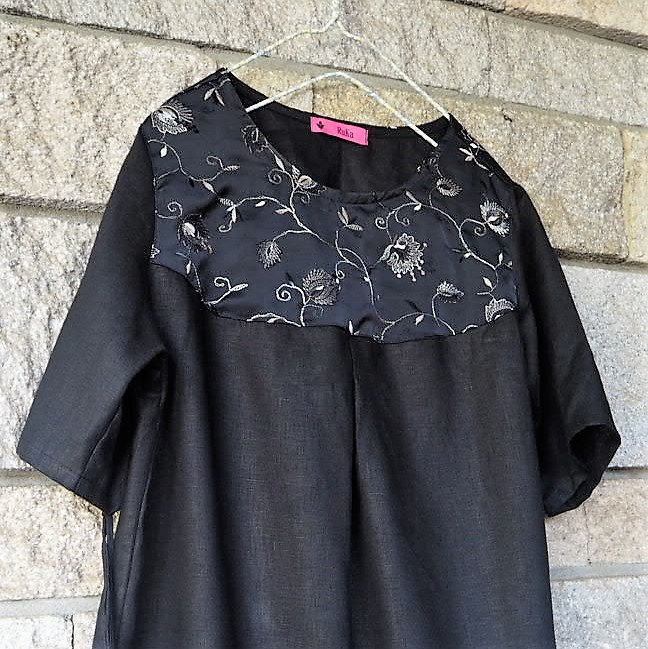 フォーマルリネン　ブラックお花刺繍切り替え　ワンピース