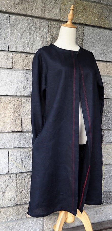 リネン　ネイビーナチュラカラー　赤ステッチ　シンプルロングコート