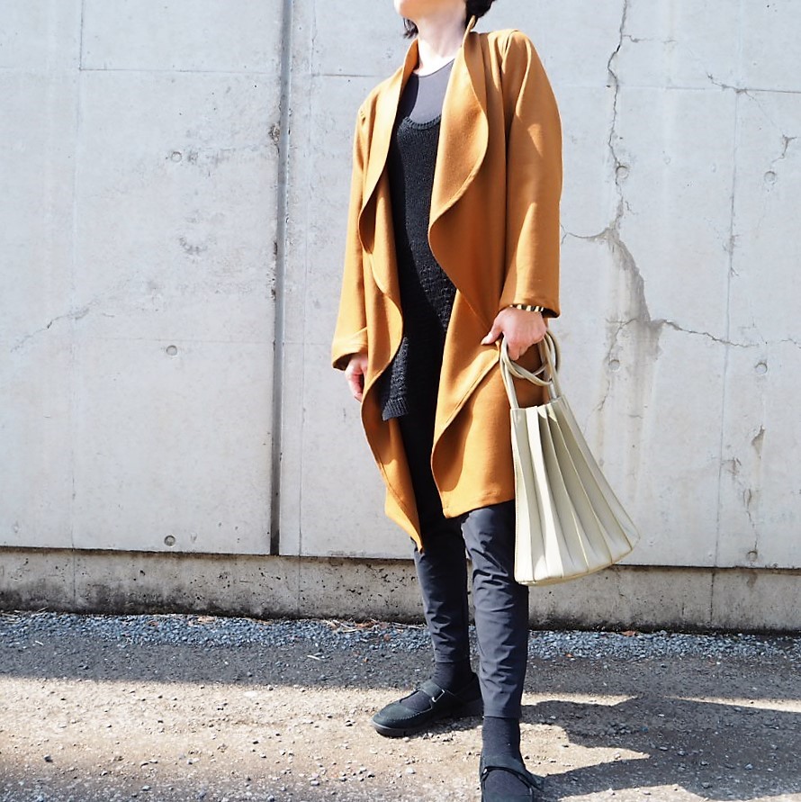 圧縮ウールニット　テラコッタ　レンガカラー　　前ドレープコーディガン