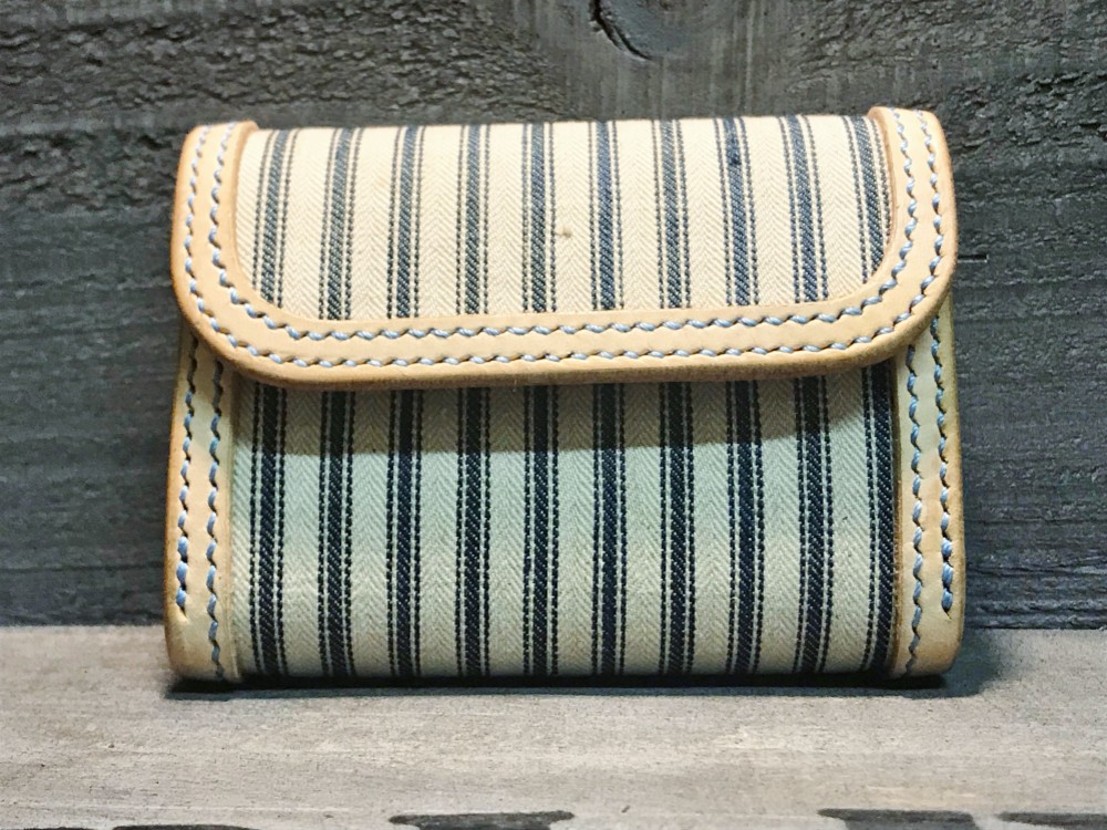 コンパクトウォレット サドルレザー アンティーク生地 革財布 ティッキング生地 ミニ財布 レザークラフト 革小物 限定品