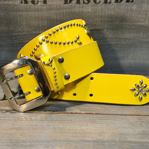 スタッズベルト サドルレザー フラワー 革ベルト ハンドメイド レザー 