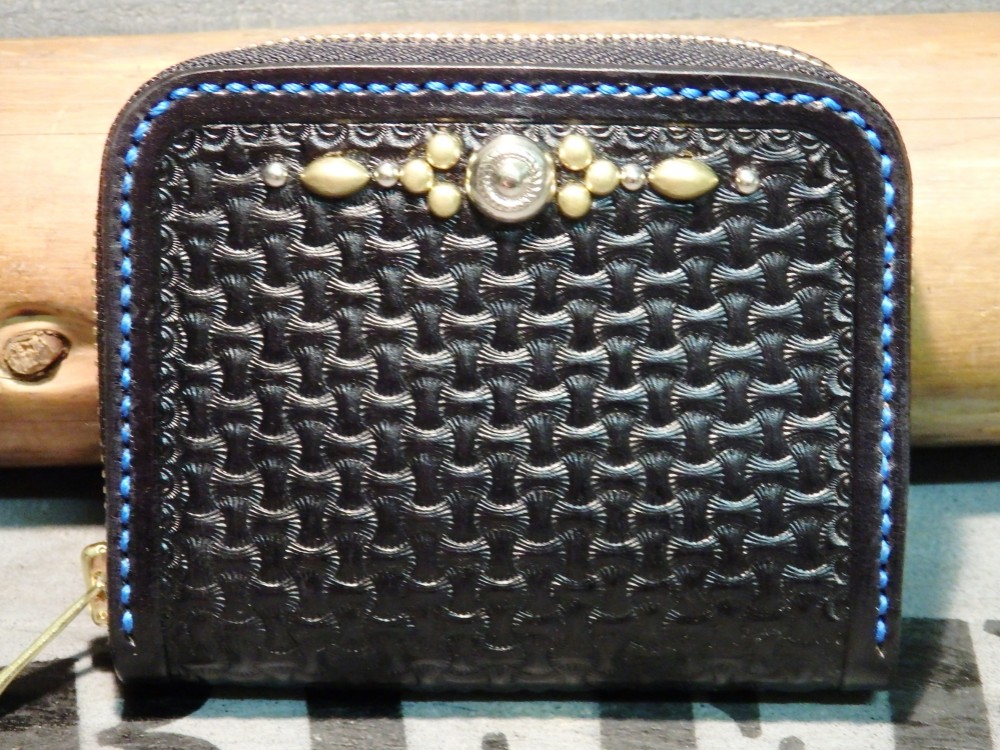 小銭入れ コインケース サドルレザー 幾何学模様 手打ち ラウンドウォレット 革財布 手縫い レザークラフト 新品未使用