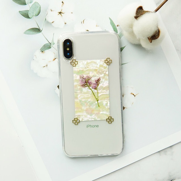 Limoniumスターチス＆貝殻 iPhoneＸ/XS/XR/XS MAX iPhone7/8/11カバー 押し花ケース 3枚目の画像