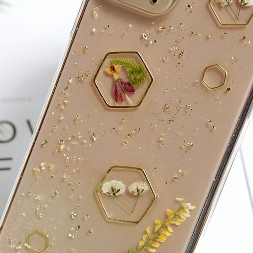 金色麦穂 銀箔入り押し花ハンドメイドスマホケースiPhoneケース  