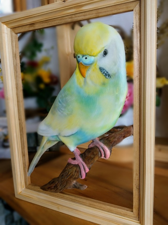 インコちゃん3D リアル 立体) 木製オーダー置物(額)木製飾置物 2枚目の画像