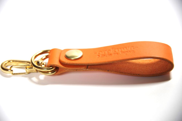≪現品処分セール≫オリジナルベルトループキーホルダーオレンジ真鍮ボタンＤカン、ナスカン付き 2枚目の画像