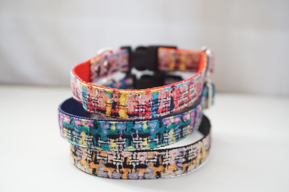 フェイクツイード（ブルー）＊犬用首輪（１０／１５／２０ｍｍ幅）　オーダーメイド　子犬　小型犬　中型犬　チェック 2枚目の画像