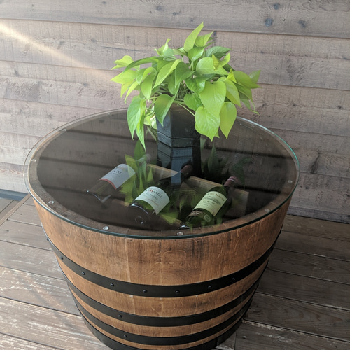 ワイン樽のガラステーブル 最高級のフレンチオーク材 ローテーブル