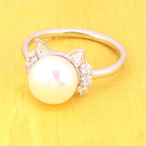 きなこ姫　e.m ジルコニア ＆パール　2つのモチーフ　リング　美品 Sweetパステル カラー ちょこんとビーズボールリング