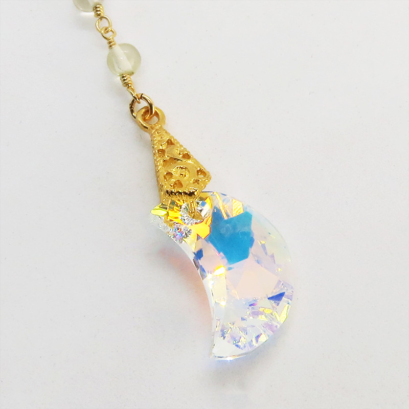 14KGF 猫モチーフのネックレス 大粒の三日月型スワロフスキーと3連レモンクオーツ