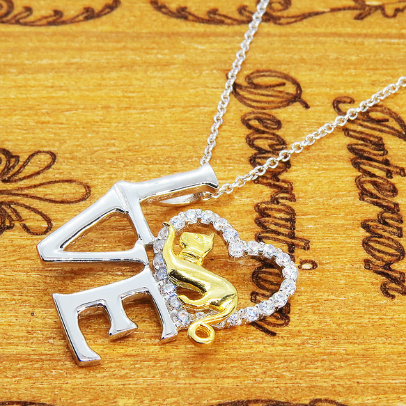 シルバー925 猫ネックレス LOVEの文字と猫とハートを組み合わせたモチーフ キュービックジルコニア 18Kゴールド 6枚目の画像