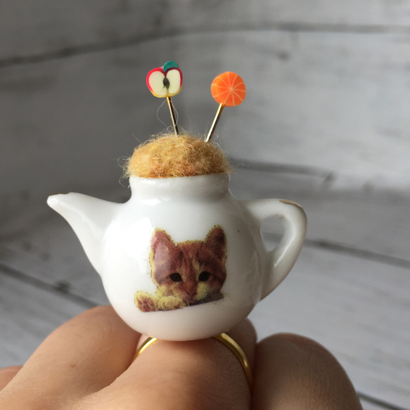 猫カフェ♪フルーツティーポットのミニミニピンクッション（リングタイプ） 2枚目の画像