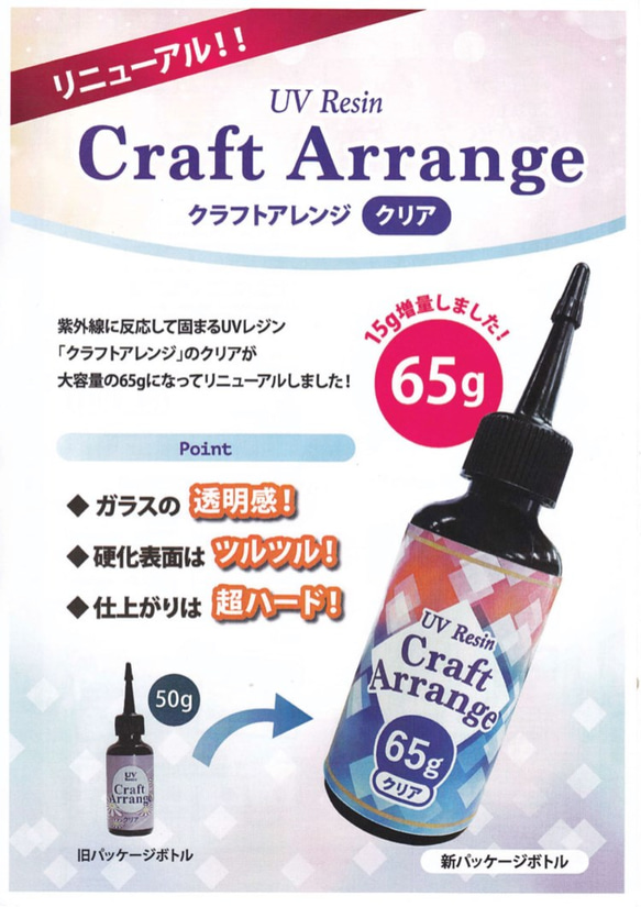 クラフト UVレジン液 アレンジ クリア ハードタイプ (紫外線 ＵＶ 硬化 樹脂液) 大容量1本65g 日本製 2枚目の画像