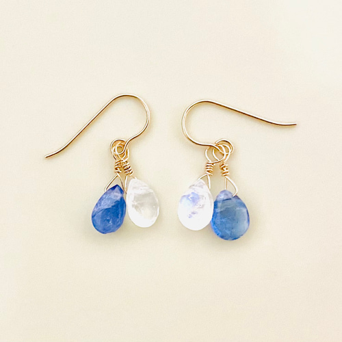 訳あり タンザナイト×レインボームーンストーンの2粒ピアス 14kpf  