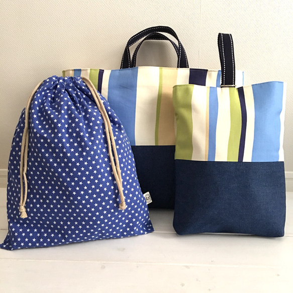 n【レッスンバッグ3点】ハンドメイドオーダー デニムコンビ レッスンバッグ三点セット その他入園グッズ Tenohira