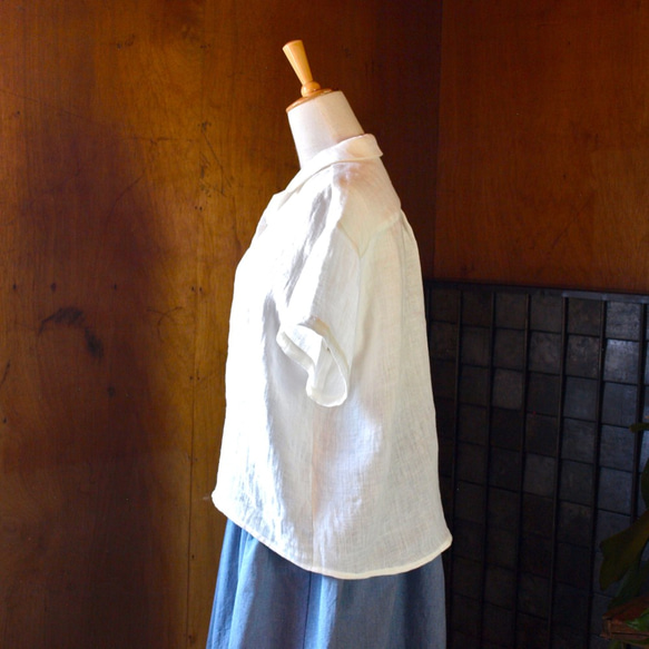 開襟シャツ 二重織りリネン ホワイト 4枚目の画像