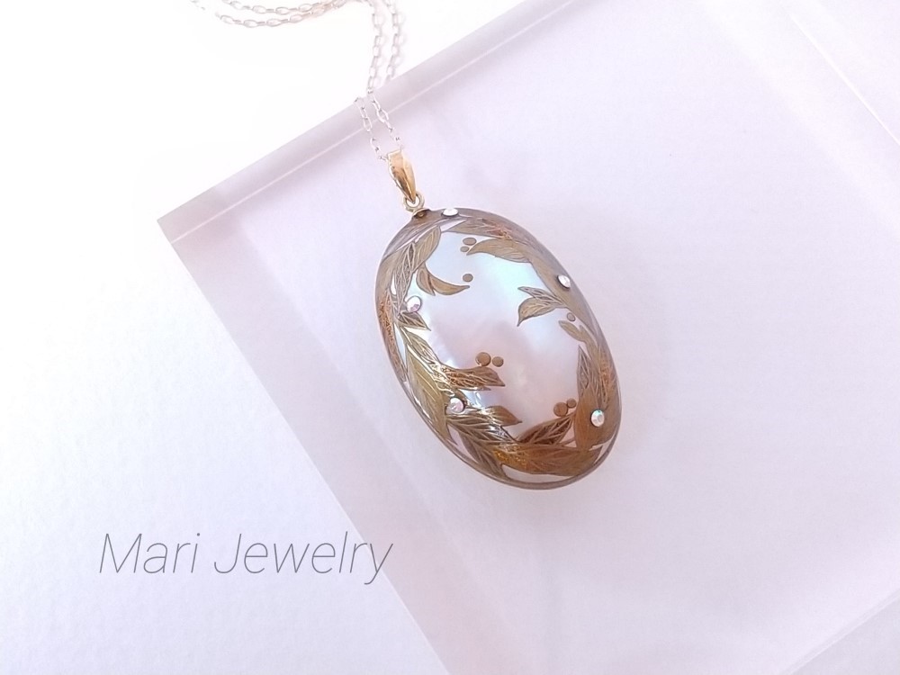 蒔絵ネックレス /木の葉のリース/maki-e necklace/leaves wreath