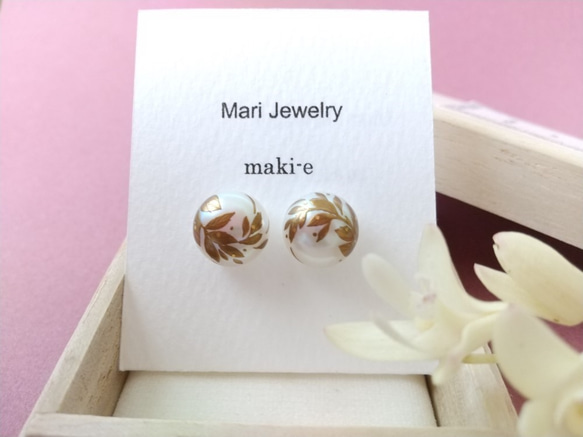 蒔絵パールピアス / 風と木の葉 / maki-e pearl earrings / leaves 5枚目の画像