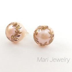 蒔絵パールピアス / 桃色木の葉のリース/maki-e pearl earrings/pink leaf wreath 1枚目の画像