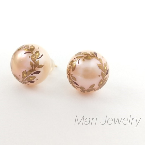 蒔絵パールピアス / 桃色木の葉のリース/maki-e pearl earrings/pink 