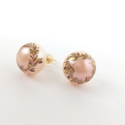 蒔絵パールピアス / 桃色木の葉のリース/maki-e pearl earrings/pink leaf wreath 3枚目の画像